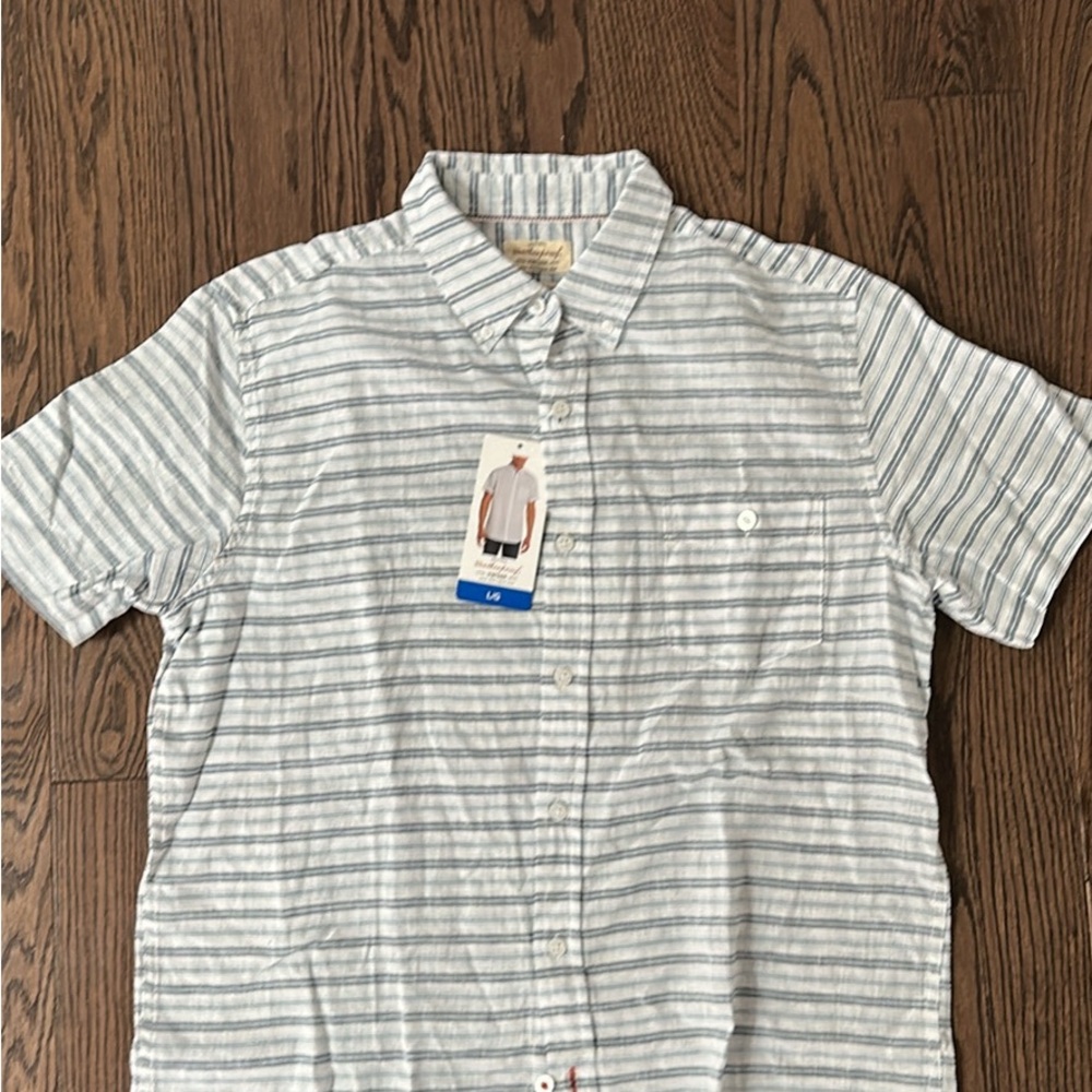 Weatherproof Short-Sleeve Button-Down Shirt - Light Blue & White Stripes